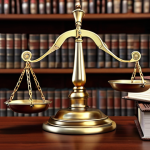 Scales of Justice: A balanced scale representing justice, with a background of law books and a gavel.