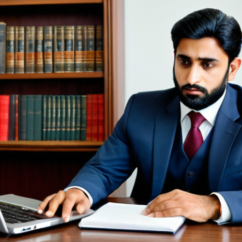 A professional Pakistani male lawyer in a modest, well-tailored business suit, or a formal shalwar kameez with a waistcoat, seated comfortably at a modern wooden desk. He is typing thoughtfully on a sleek laptop, with a focused and approachable expression. In the background, a contemporary law office is visible, with a bookshelf filled with legal texts and a framed law degree on the wall, perhaps a subtle piece of local art. The scene is well-lit with natural light, emphasizing a sense of professionalism and dedication. Fully clothed, appropriate attire, safe for work, perfect anatomy, correct proportions, natural pose, well-formed hands, proper finger count, natural body proportions, professional photography, high quality, appropriate content, modest, family-friendly.