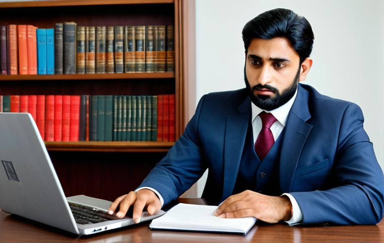 A professional Pakistani male lawyer in a modest, well-tailored business suit, or a formal shalwar kameez with a waistcoat, seated comfortably at a modern wooden desk. He is typing thoughtfully on a sleek laptop, with a focused and approachable expression. In the background, a contemporary law office is visible, with a bookshelf filled with legal texts and a framed law degree on the wall, perhaps a subtle piece of local art. The scene is well-lit with natural light, emphasizing a sense of professionalism and dedication. Fully clothed, appropriate attire, safe for work, perfect anatomy, correct proportions, natural pose, well-formed hands, proper finger count, natural body proportions, professional photography, high quality, appropriate content, modest, family-friendly.