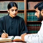 **

"A lawyer in a professional setting, fully clothed in a traditional Shalwar Kameez appropriate for court, advising a client (also fully clothed in modest attire) while reviewing legal documents on a desk. The office is well-lit with shelves of law books in the background. Focus on a serious and understanding atmosphere, safe for work, perfect anatomy, correct proportions, professional, family-friendly, appropriate content."

**