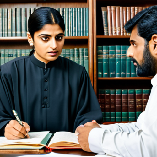 **

"A lawyer in a professional setting, fully clothed in a traditional Shalwar Kameez appropriate for court, advising a client (also fully clothed in modest attire) while reviewing legal documents on a desk. The office is well-lit with shelves of law books in the background. Focus on a serious and understanding atmosphere, safe for work, perfect anatomy, correct proportions, professional, family-friendly, appropriate content."

**