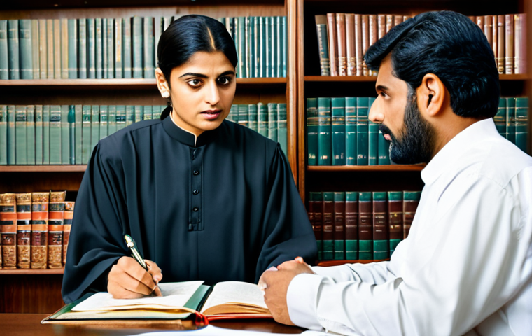 **
"A lawyer in a professional setting, fully clothed in a traditional Shalwar Kameez appropriate for court, advising a client (also fully clothed in modest attire) while reviewing legal documents on a desk. The office is well-lit with shelves of law books in the background. Focus on a serious and understanding atmosphere, safe for work, perfect anatomy, correct proportions, professional, family-friendly, appropriate content."
**