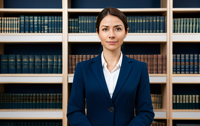 **Image Prompt:** "A confident female lawyer in a modest, dark-blue business suit, standing in a bright, modern law office. Bookshelves filled with legal texts in the background. Professional portrait, perfect anatomy, natural pose, well-formed hands, proper finger count, appropriate attire, safe for work, professional, high quality."