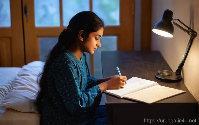 법무사 시험장 필수 준비물 - The Night Before the Exam**
    "A young South Asian female student, around 17 years old, is seated ...